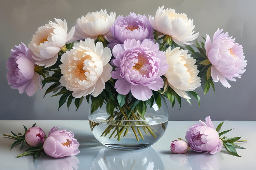 Peonie lilla in vaso — design completo