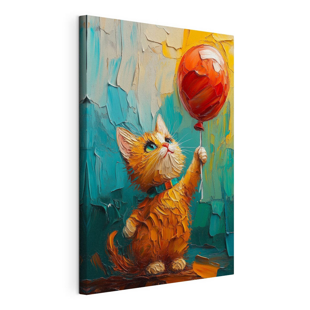 Gattino con palloncino rosso, tela tesa e bordo avvolto
