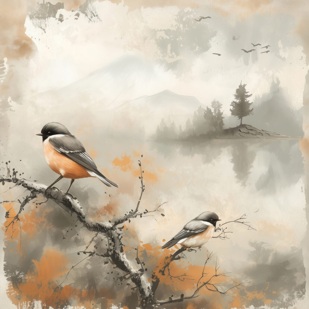 Uccelli sul lago nebbioso — design completo