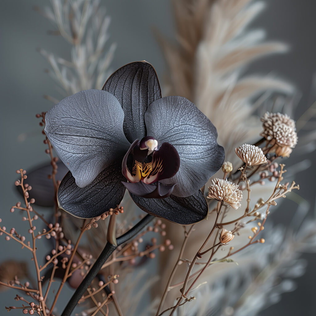 Orchidea scura tra graminacee — design completo