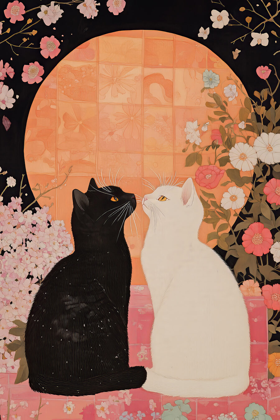 Due gatti tra fiori — design completo