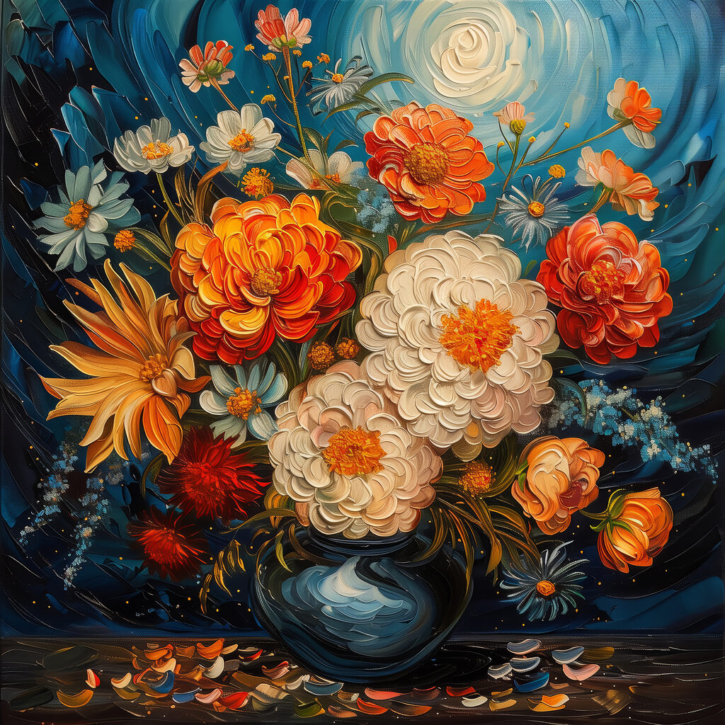 Fiori sotto vortici blu — design completo