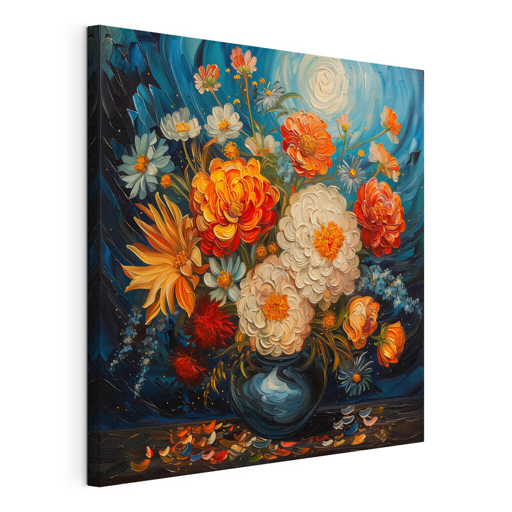 Fiori sotto vortici blu, tela tesa e bordo avvolto