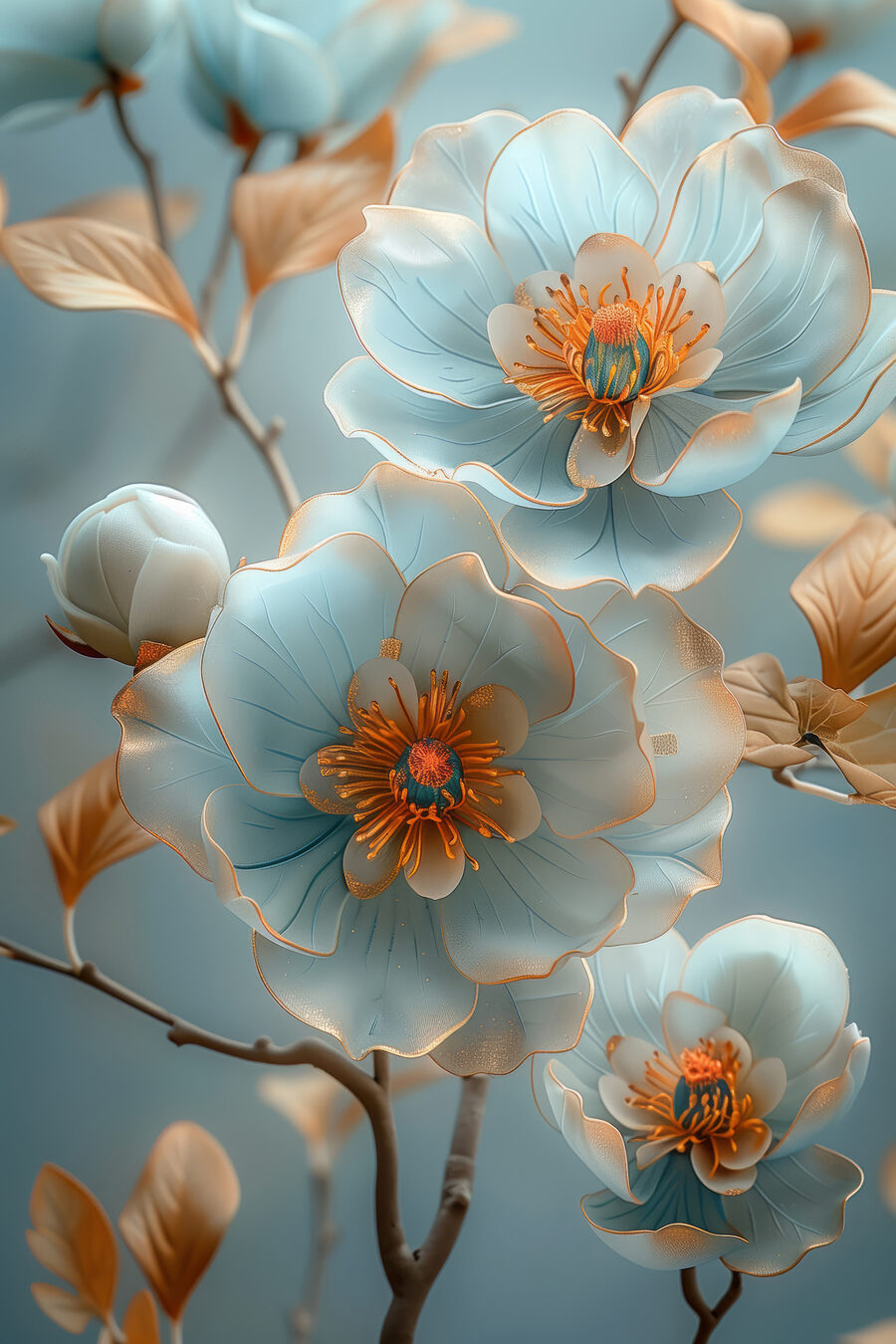 Fiori blu, rami dorati — design completo