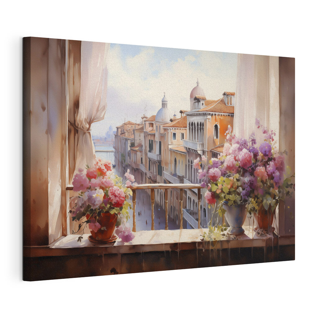 Fiori sopra tetti caldi, tela tesa e bordo avvolto