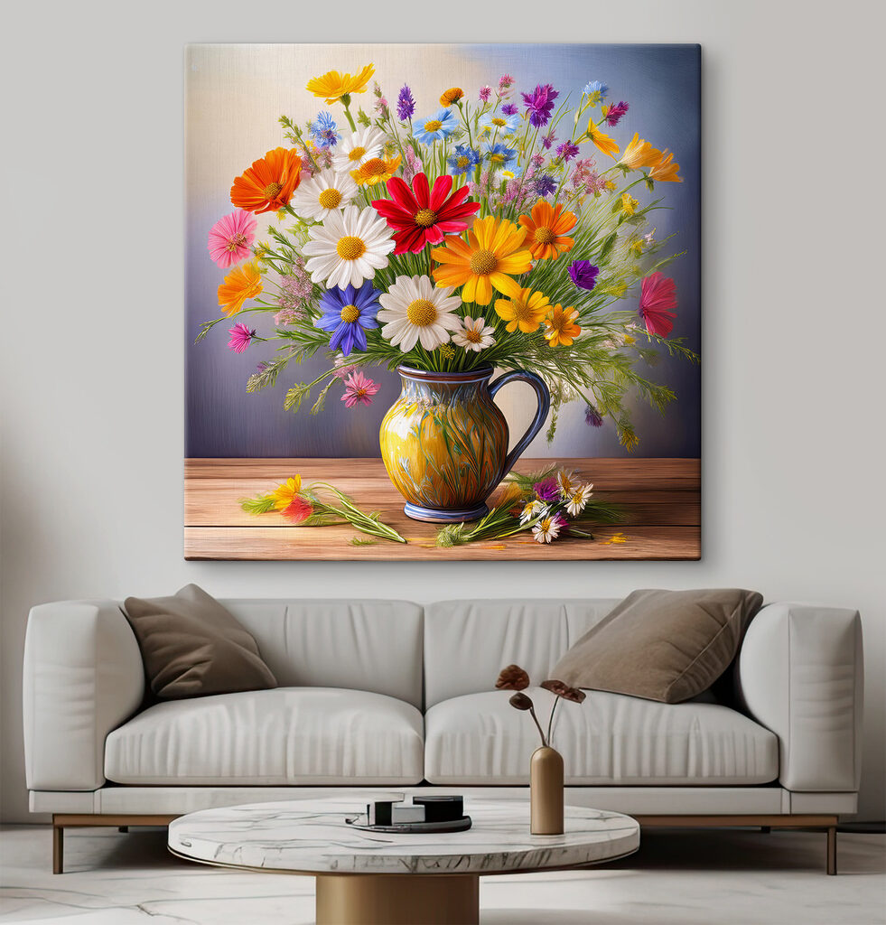 Bouquet in brocca gialla in un ambiente