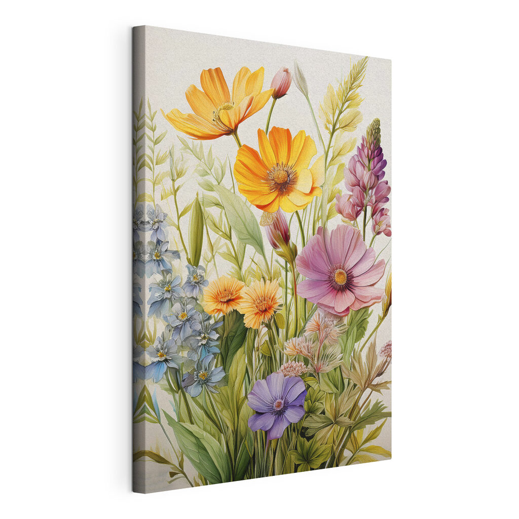 Fiori gialli e viola, tela tesa e bordo avvolto