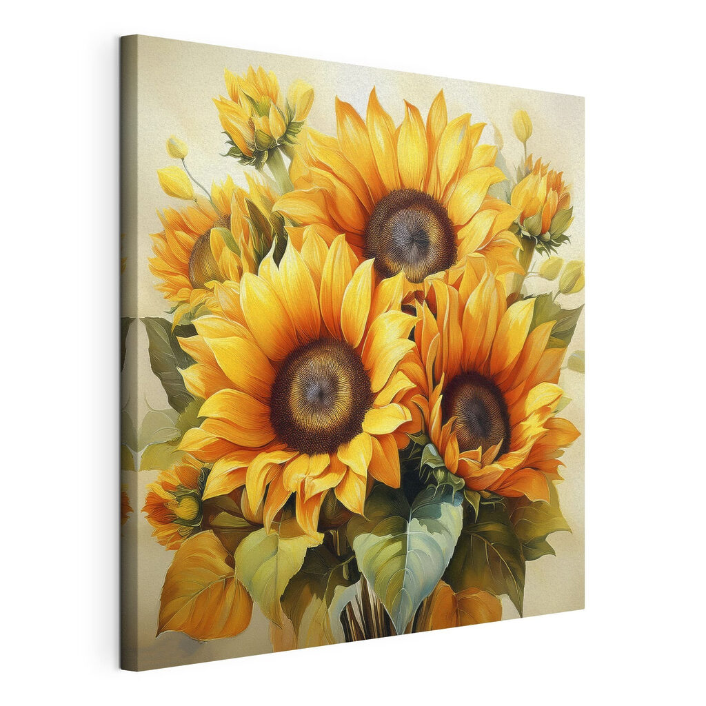 Girasoli vicini, tela tesa e bordo avvolto