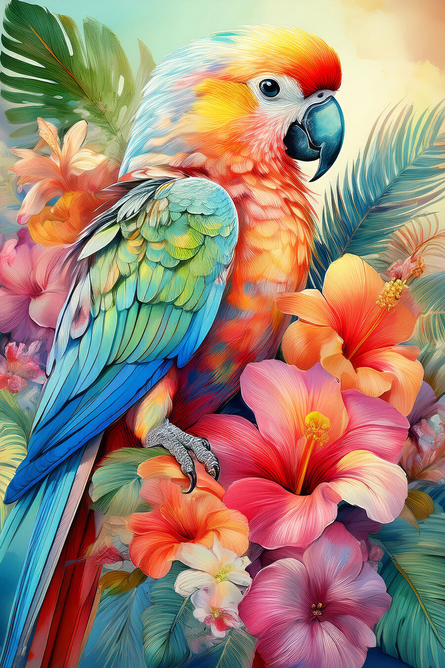 Pappagallo tra fiori tropicali — design completo
