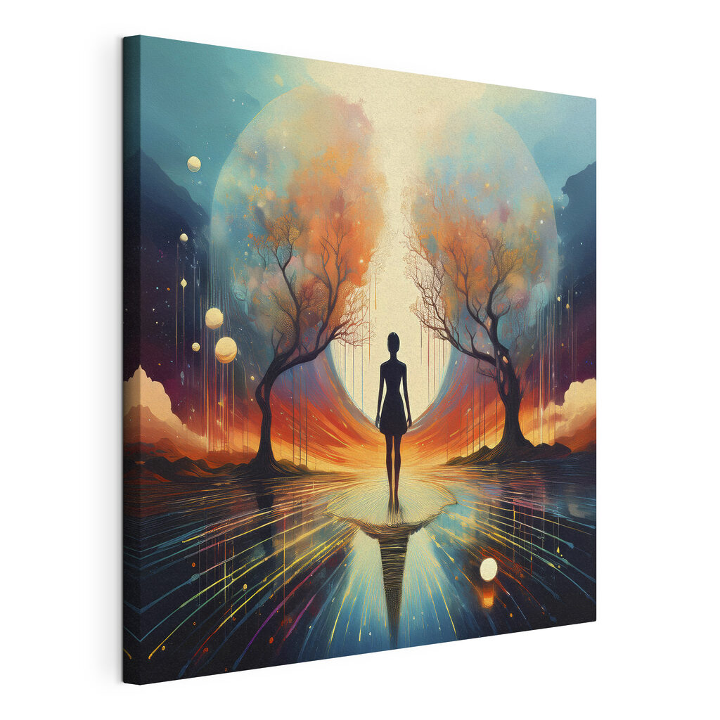 Figura tra due alberi, tela tesa e bordo avvolto