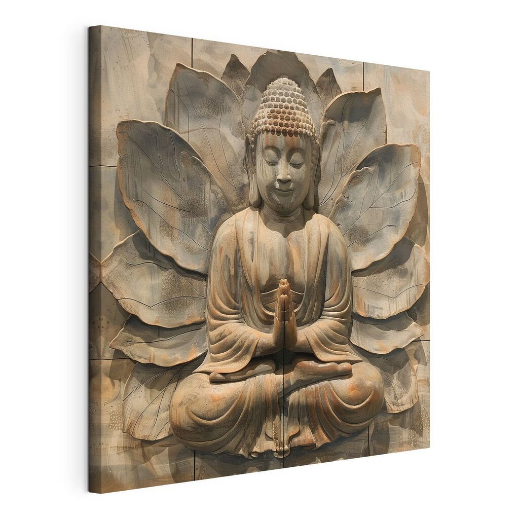 Buddha davanti al loto, tela tesa e bordo avvolto