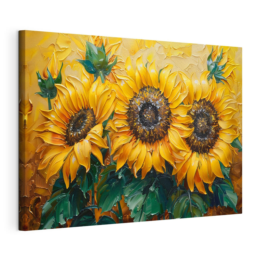 Girasoli su fondo dorato, tela tesa e bordo avvolto