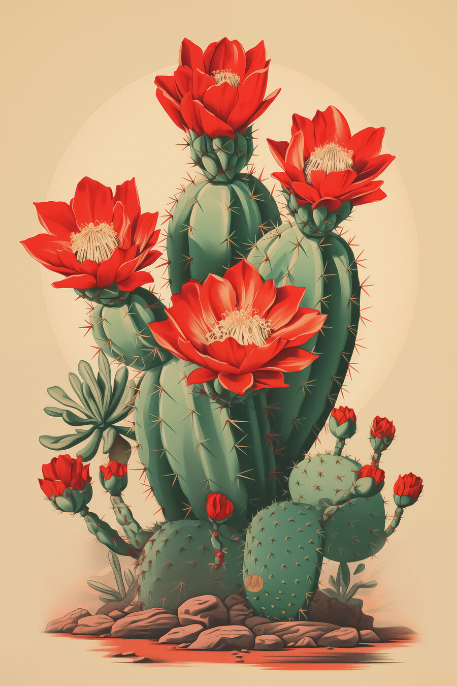 Cactus con fiori rossi — design completo