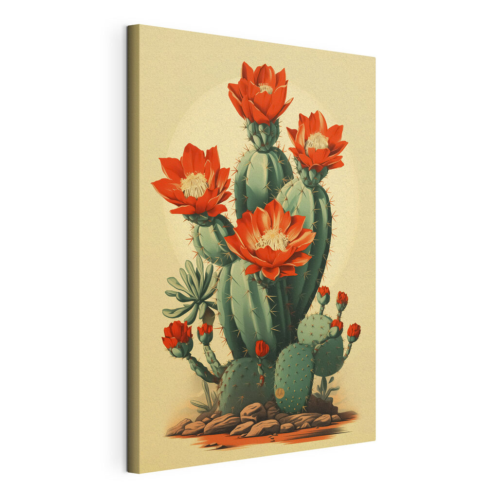 Cactus con fiori rossi, tela tesa e bordo avvolto