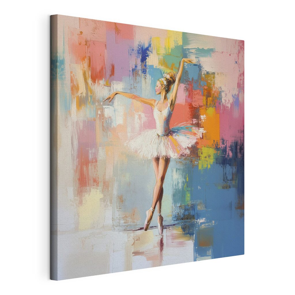 Ballerina tra i colori, tela tesa e bordo avvolto