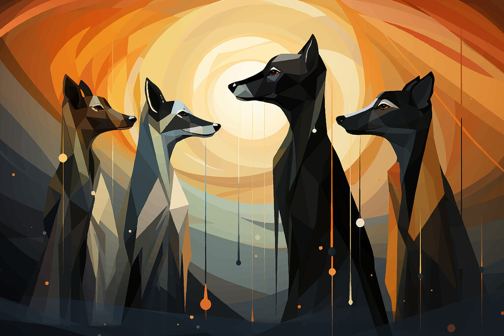 Quattro cani nel sole — design completo