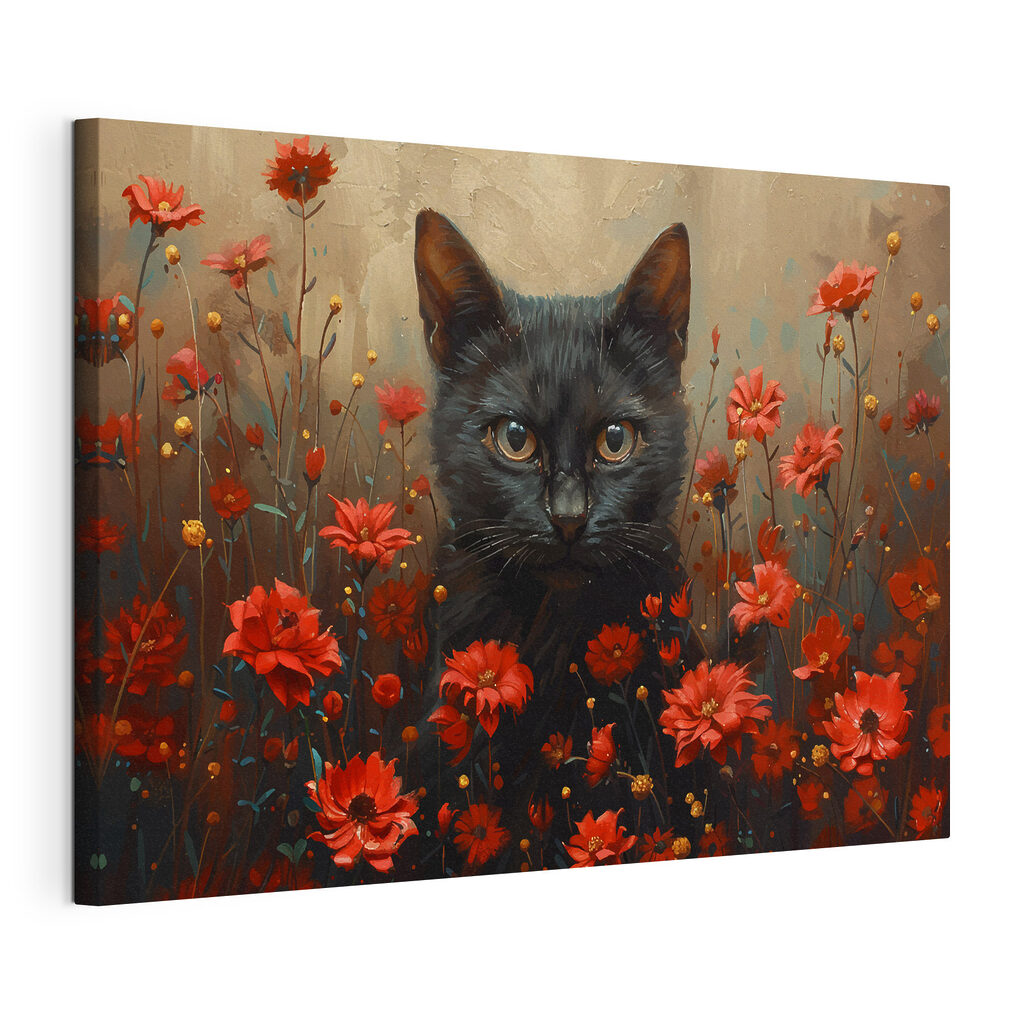 Gatto nero e rosso, tela tesa e bordo avvolto