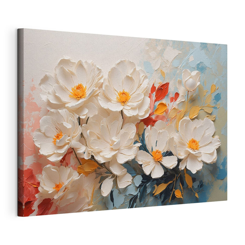 Fiori bianchi e pennellate, tela tesa e bordo avvolto