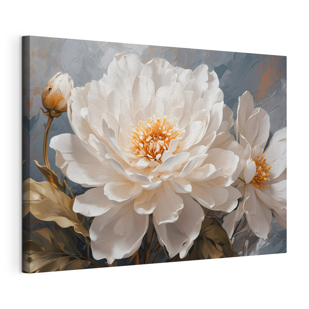 Peonie bianche, cuori dorati, tela tesa e bordo avvolto