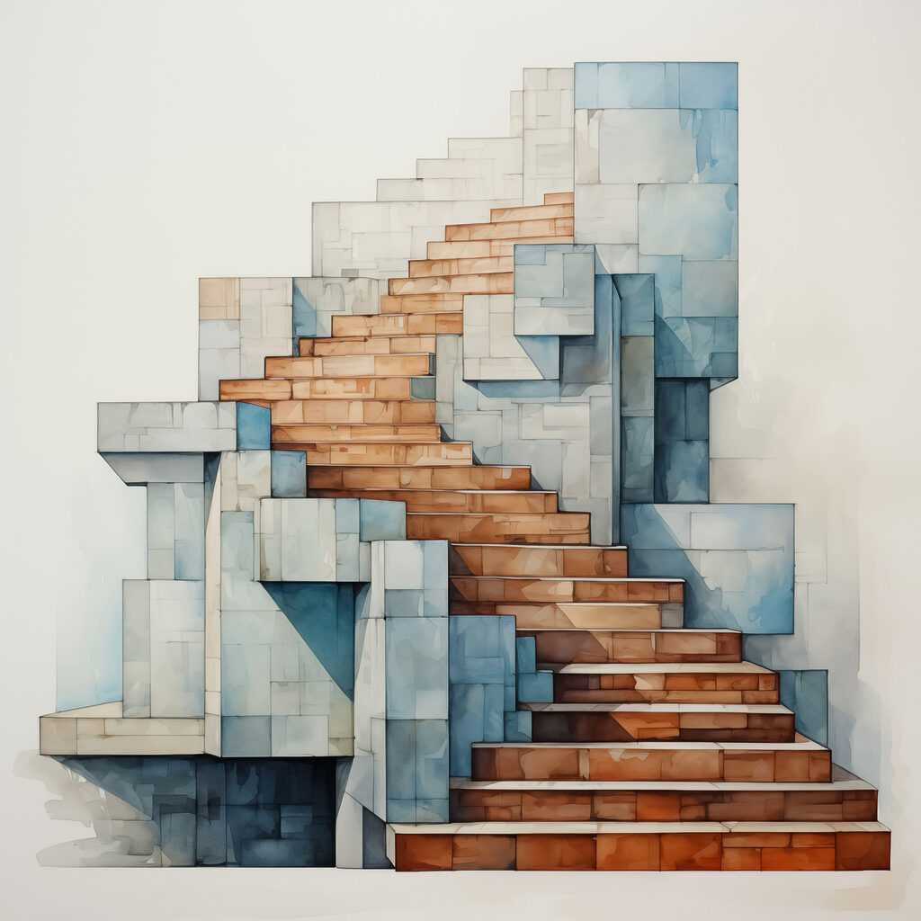 Scala tra forme azzurre — design completo