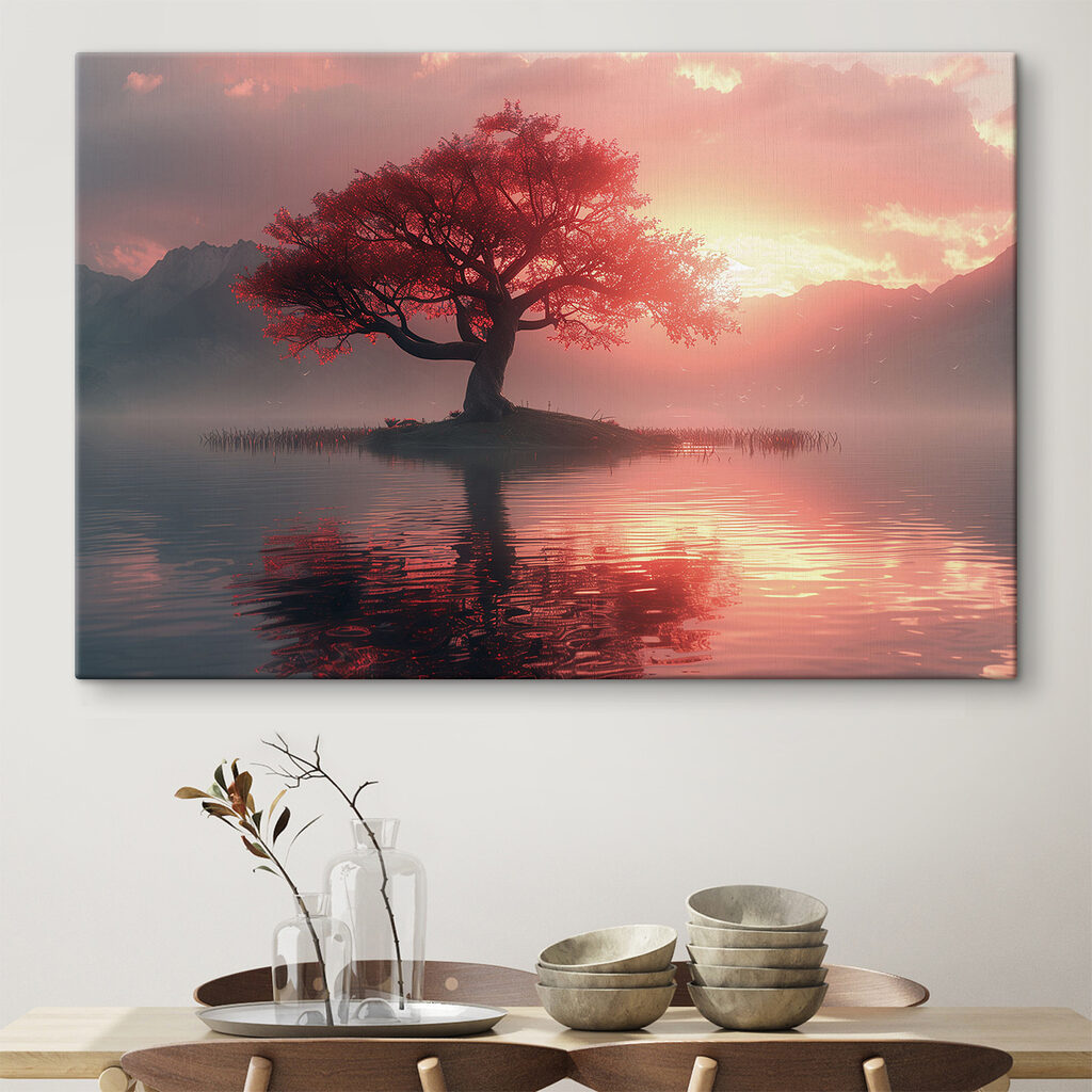 Albero rosso al tramonto in un ambiente