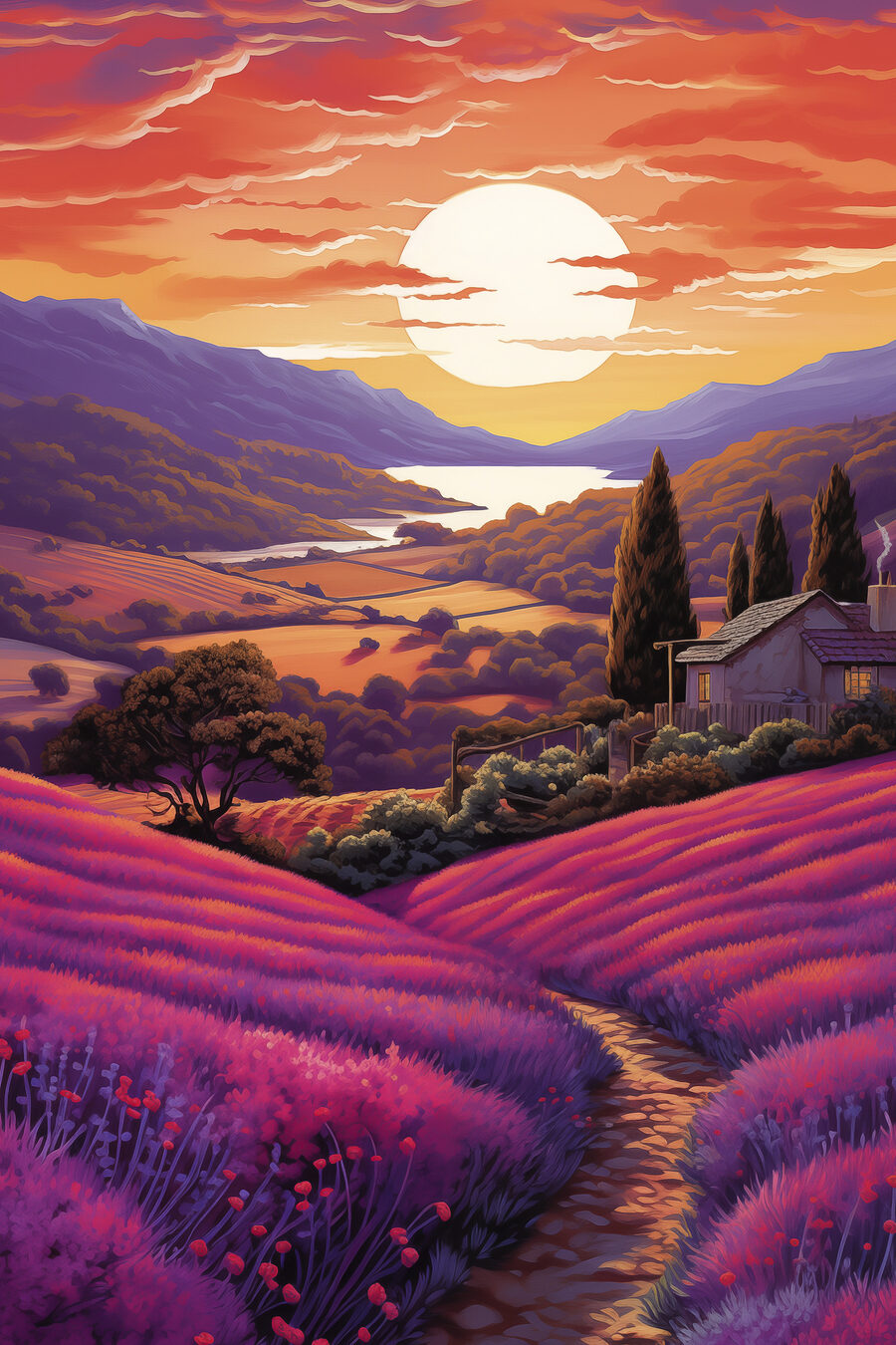 Colline viola al tramonto — design completo