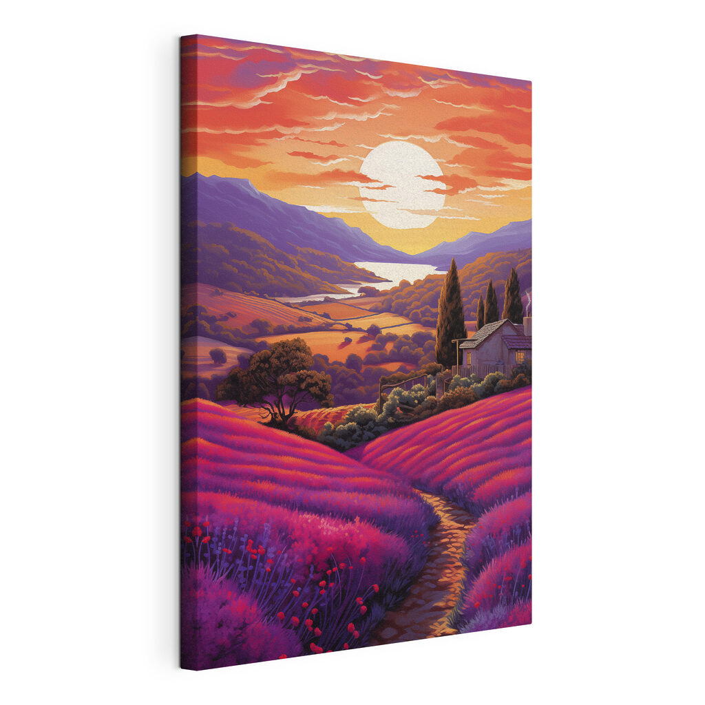 Colline viola al tramonto, tela tesa e bordo avvolto