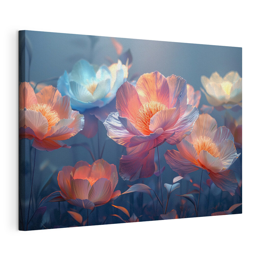 Fiori nella luce serale, tela tesa e bordo avvolto