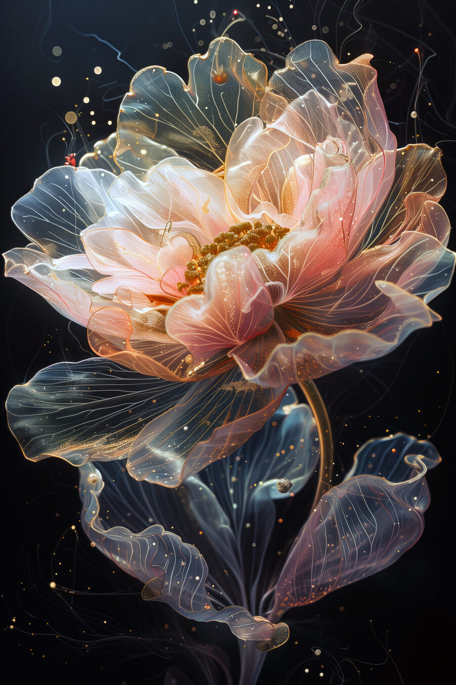 Peonia tra linee trasparenti — design completo