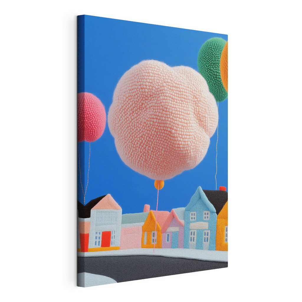 Palloncino rosa sulle case, tela tesa e bordo avvolto
