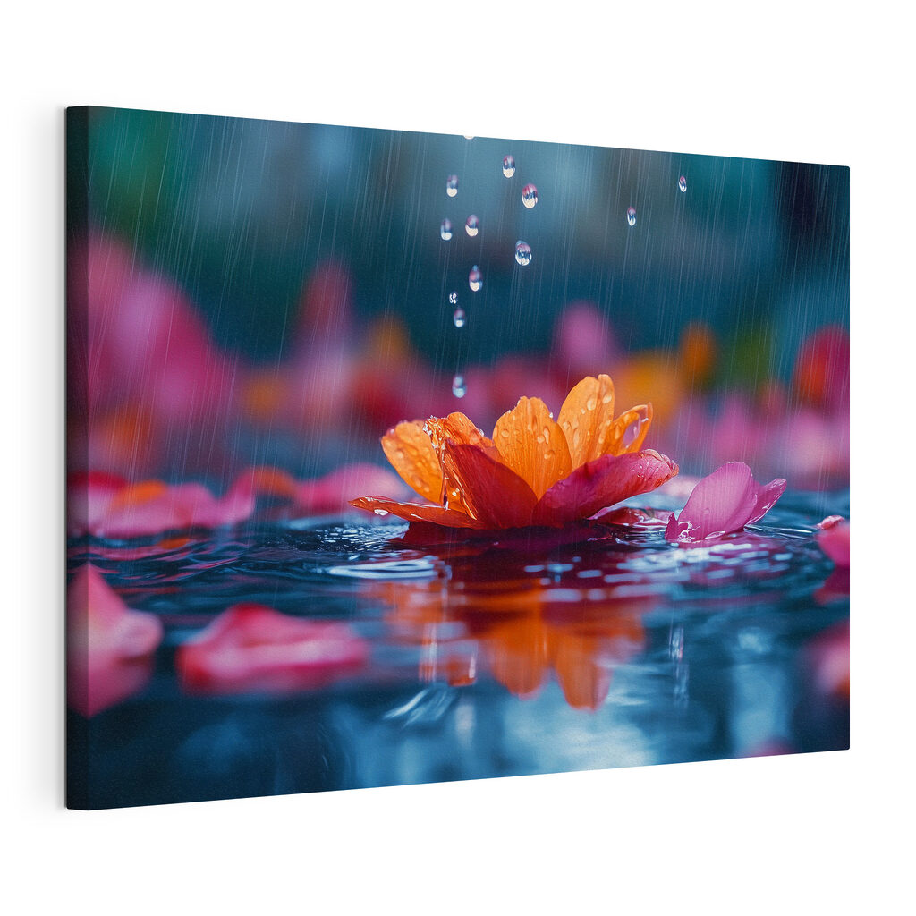 Fiore d’acqua con gocce, tela tesa e bordo avvolto