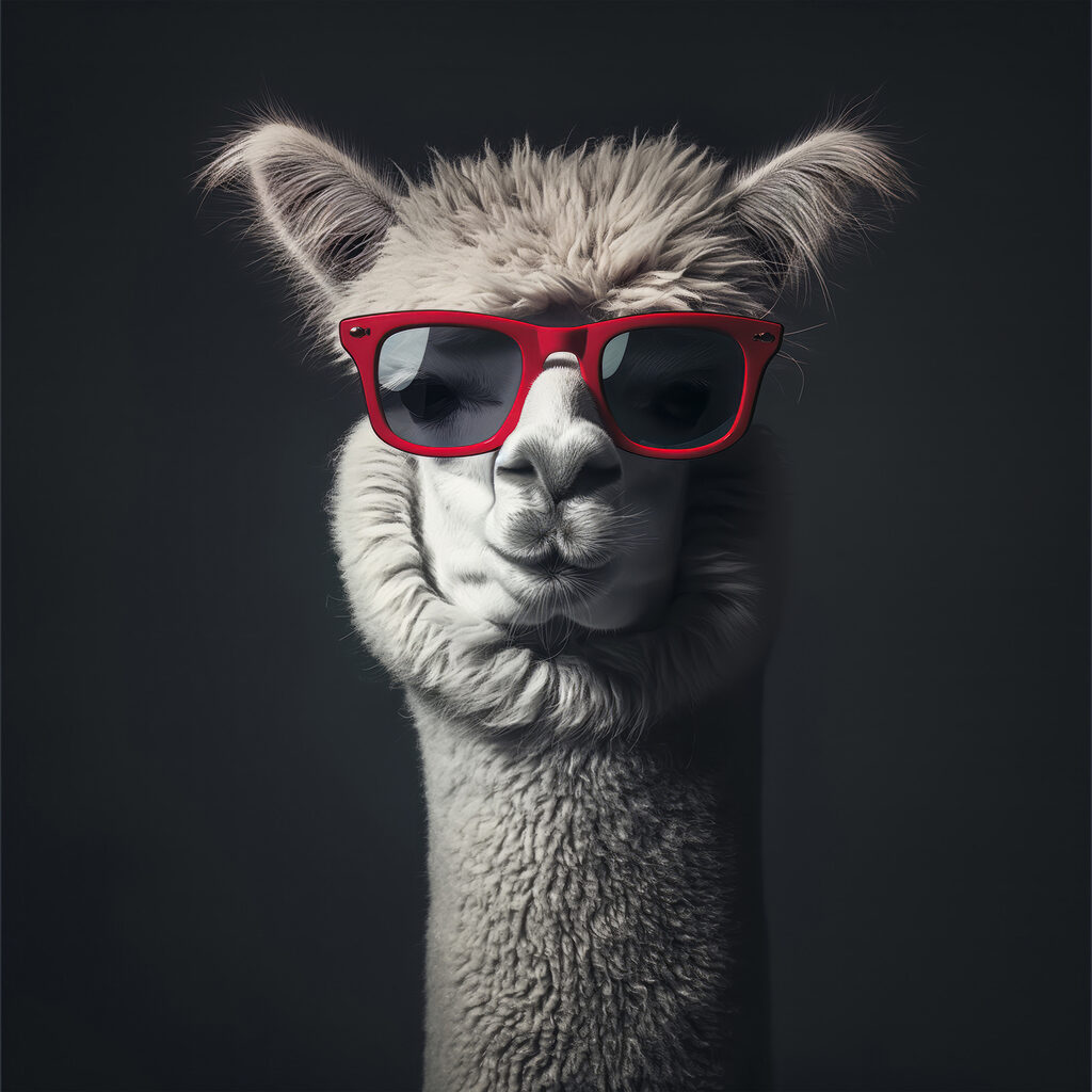 Lama con occhiali rossi — design completo