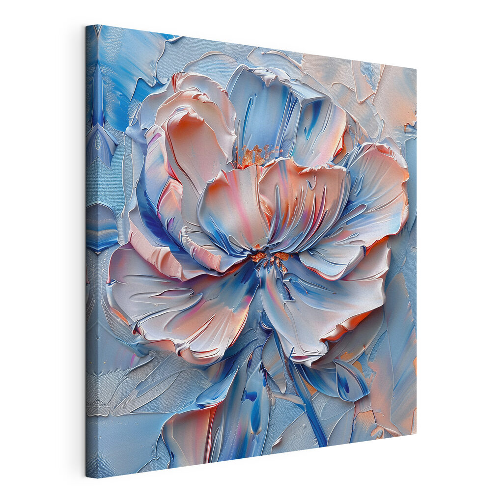 Peonia blu, bordi dipinti, tela tesa e bordo avvolto
