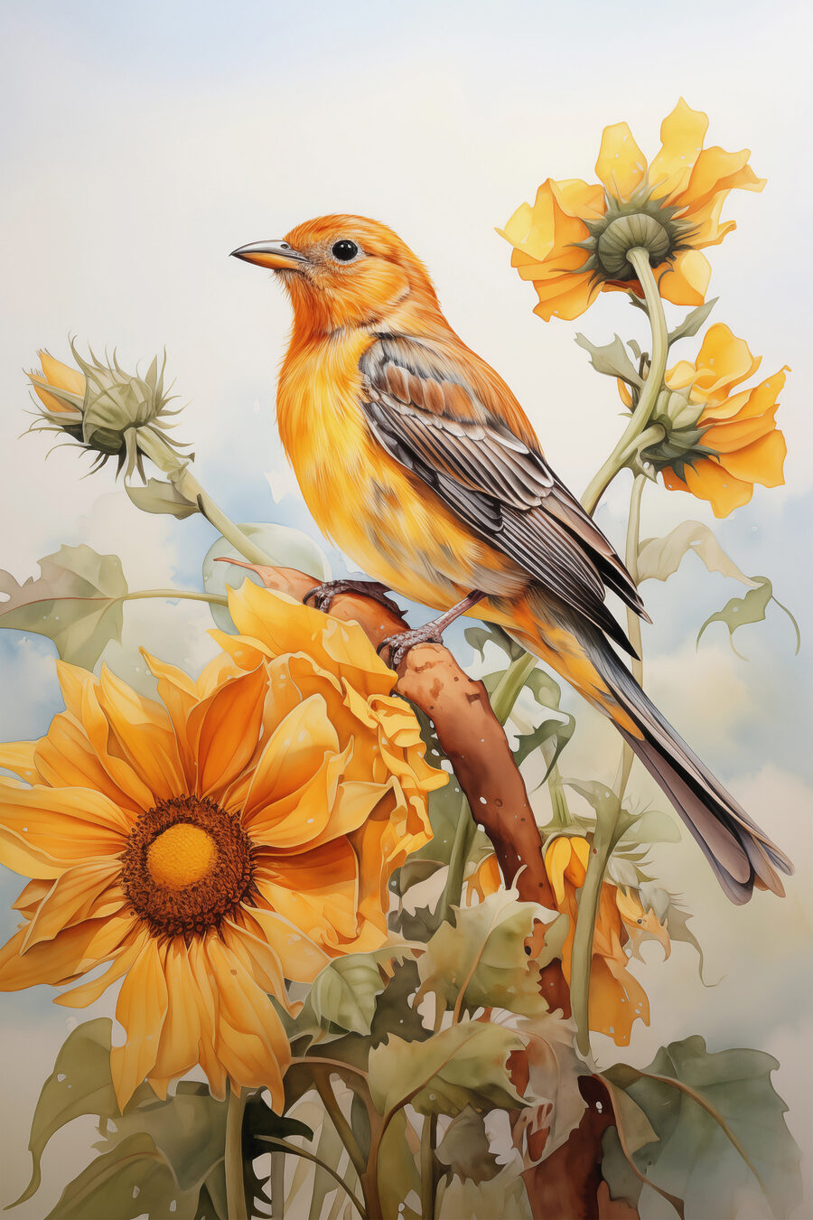 Uccello tra fiori gialli — design completo