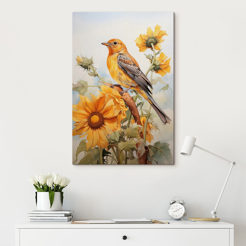 Uccello tra fiori gialli — ambiente 2