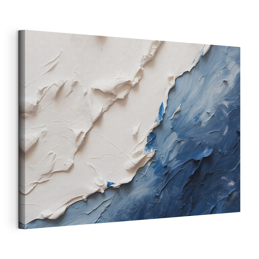 Bianco su blu profondo, tela tesa e bordo avvolto