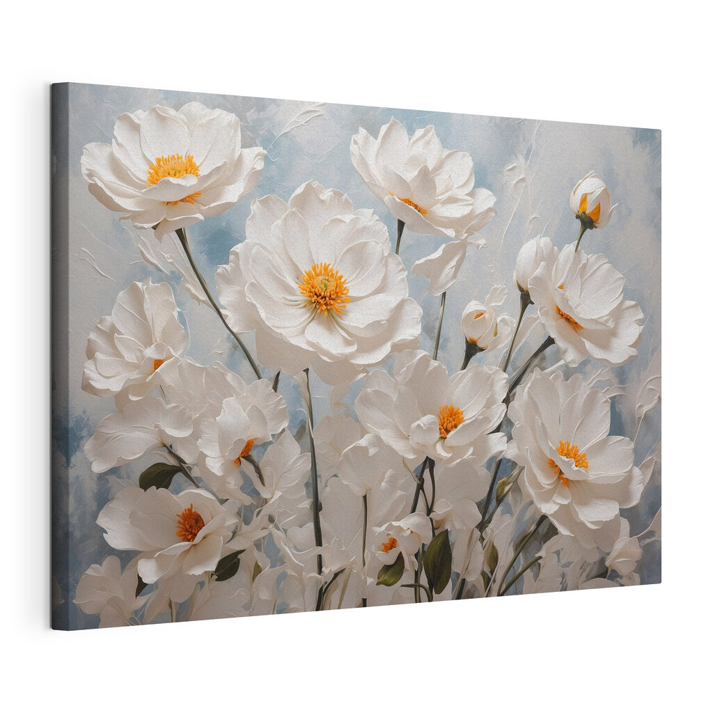 Fiori bianchi, cuori arancio, tela tesa e bordo avvolto