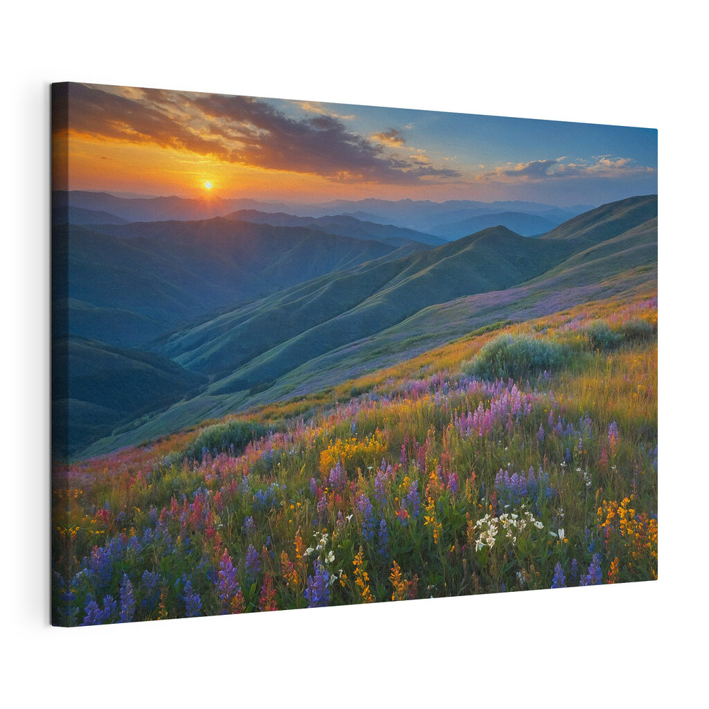 Pascolo viola al tramonto, tela tesa e bordo avvolto