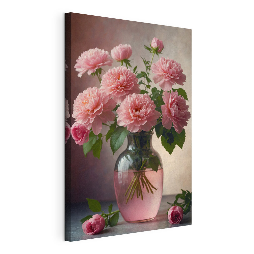 Mazzo rosa in vaso, tela tesa e bordo avvolto