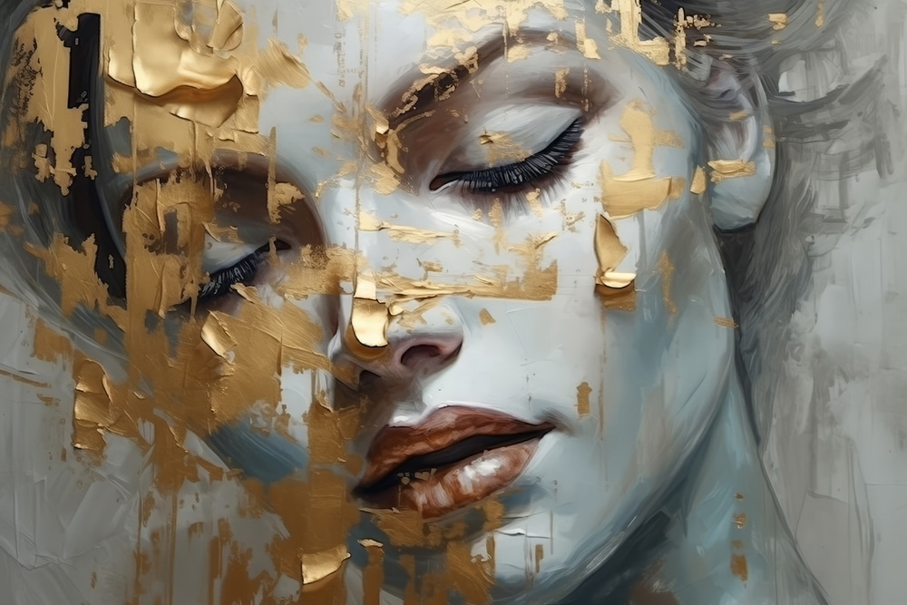 Volto tra spruzzi d’oro — design completo