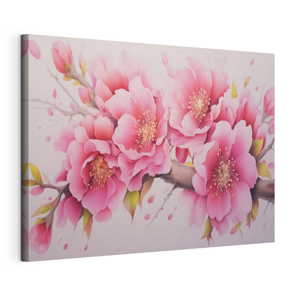 Fiori rosa sui rami, tela tesa e bordo avvolto