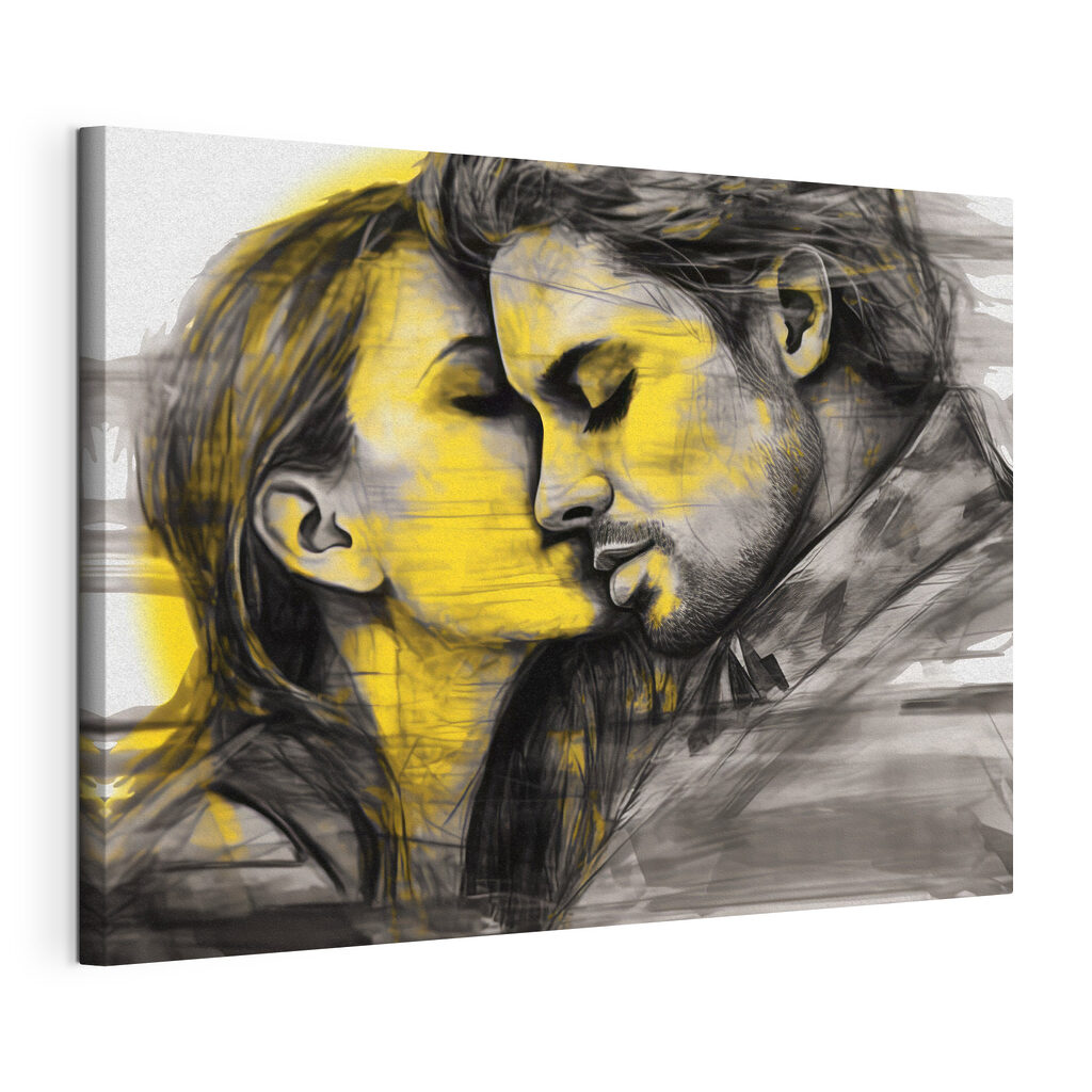 Un bacio in giallo, tela tesa e bordo avvolto