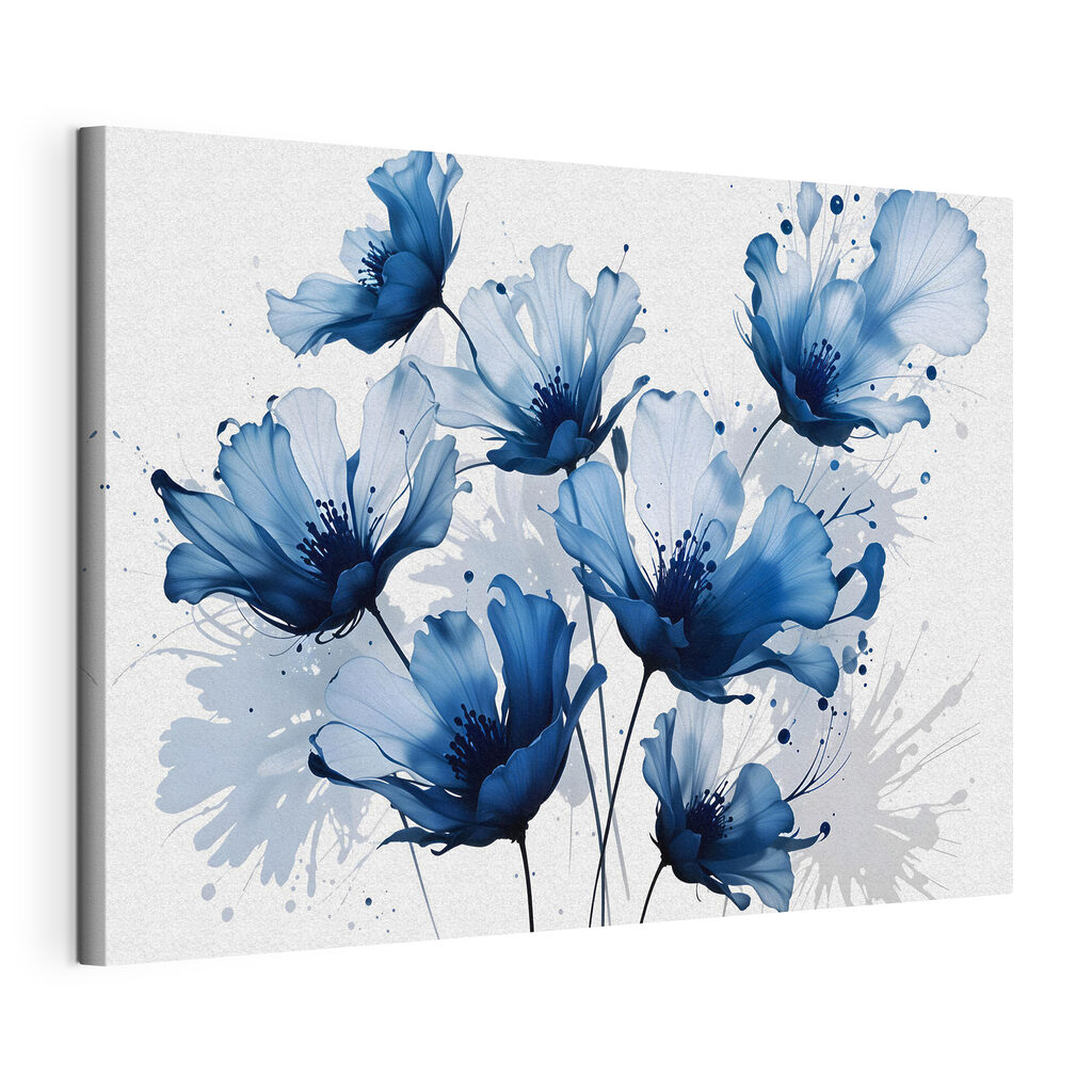 Fiori blu e inchiostro, tela tesa e bordo avvolto