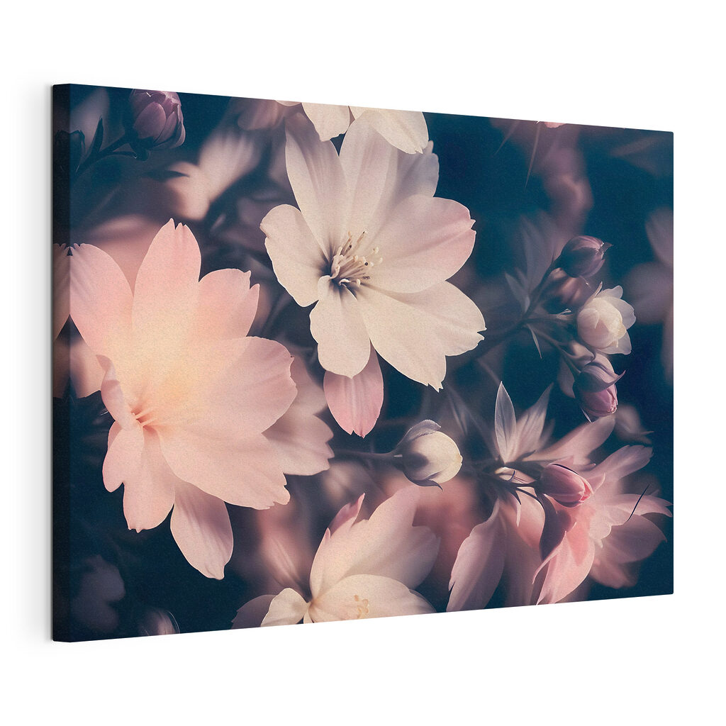 Fiori rosa nell’ombra, tela tesa e bordo avvolto