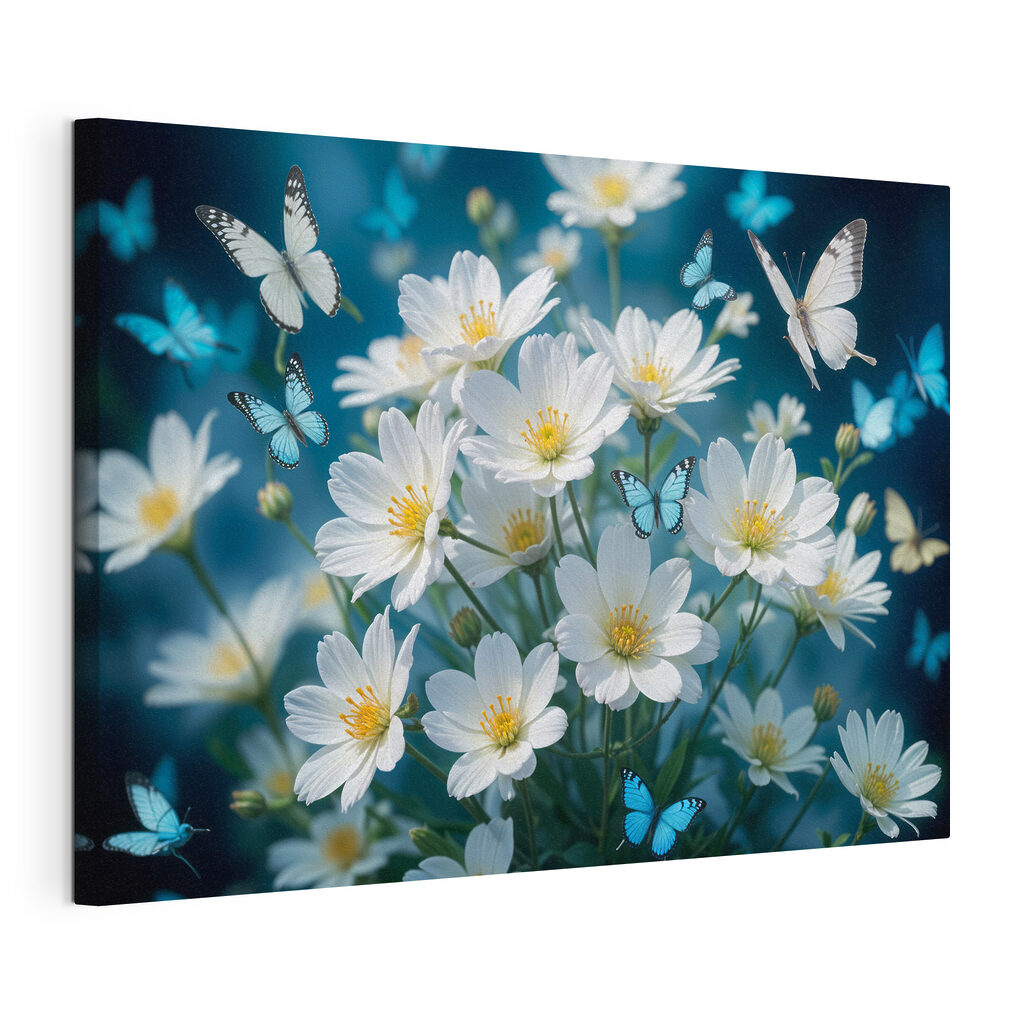 Farfalle sopra fiori bianchi, tela tesa e bordo avvolto