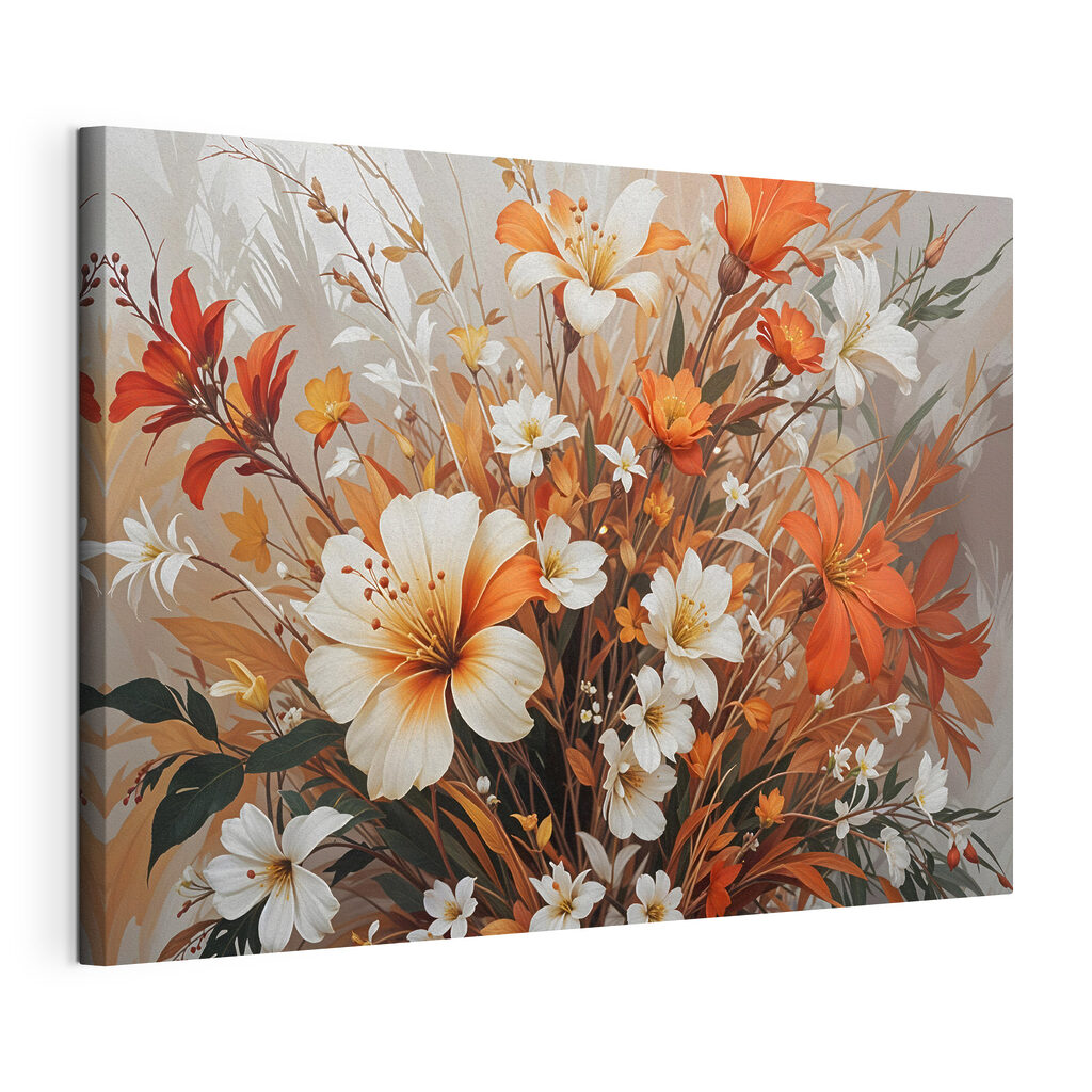 Fiori d’autunno a pennellate, tela tesa e bordo avvolto