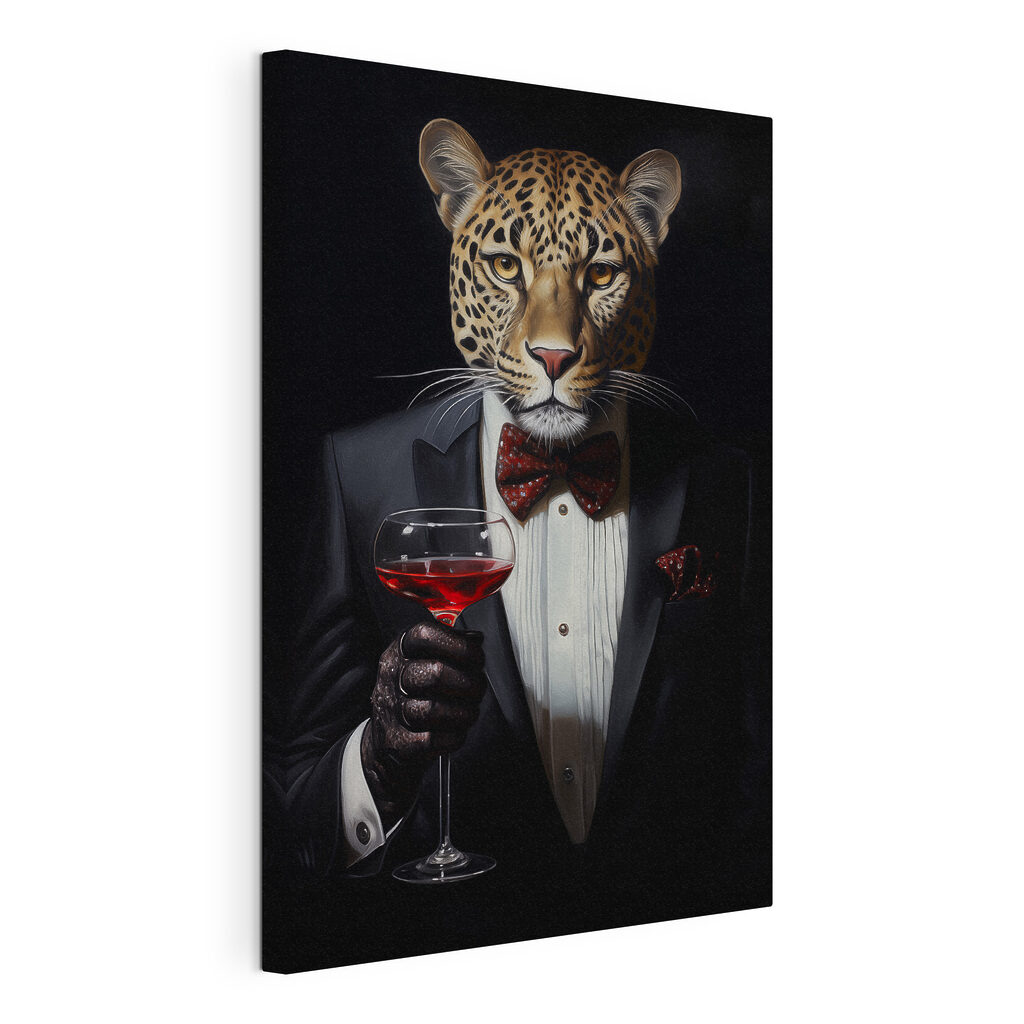 Leopardo in abito scuro, tela tesa e bordo avvolto