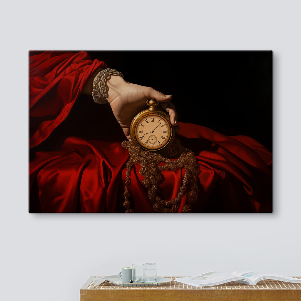 Orologio tra pieghe rosse — ambiente 1