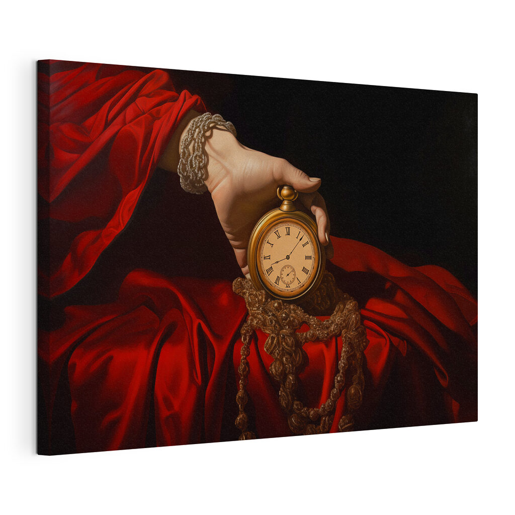 Orologio tra pieghe rosse, tela tesa e bordo avvolto
