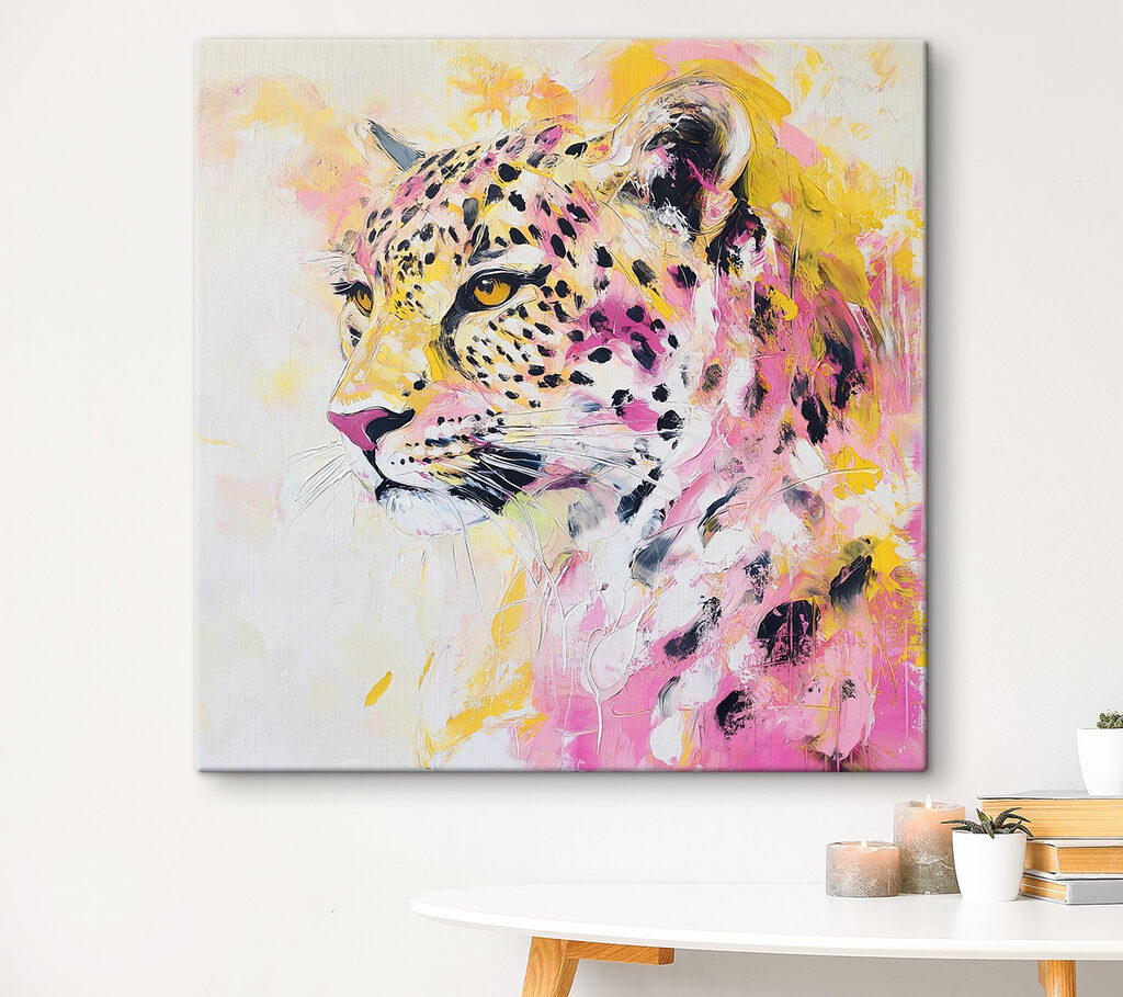 Leopardo tra spruzzi rosa — ambiente 2